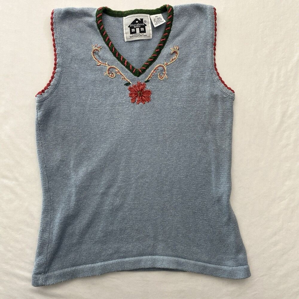 Storybook Knits Sweater Vest Womens XS Blue Embroidered Floral Cotton Ramie